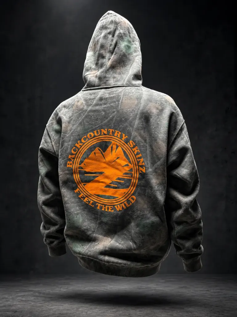 Back of a camo Backcountry Skinz hoodie with an orange screen print